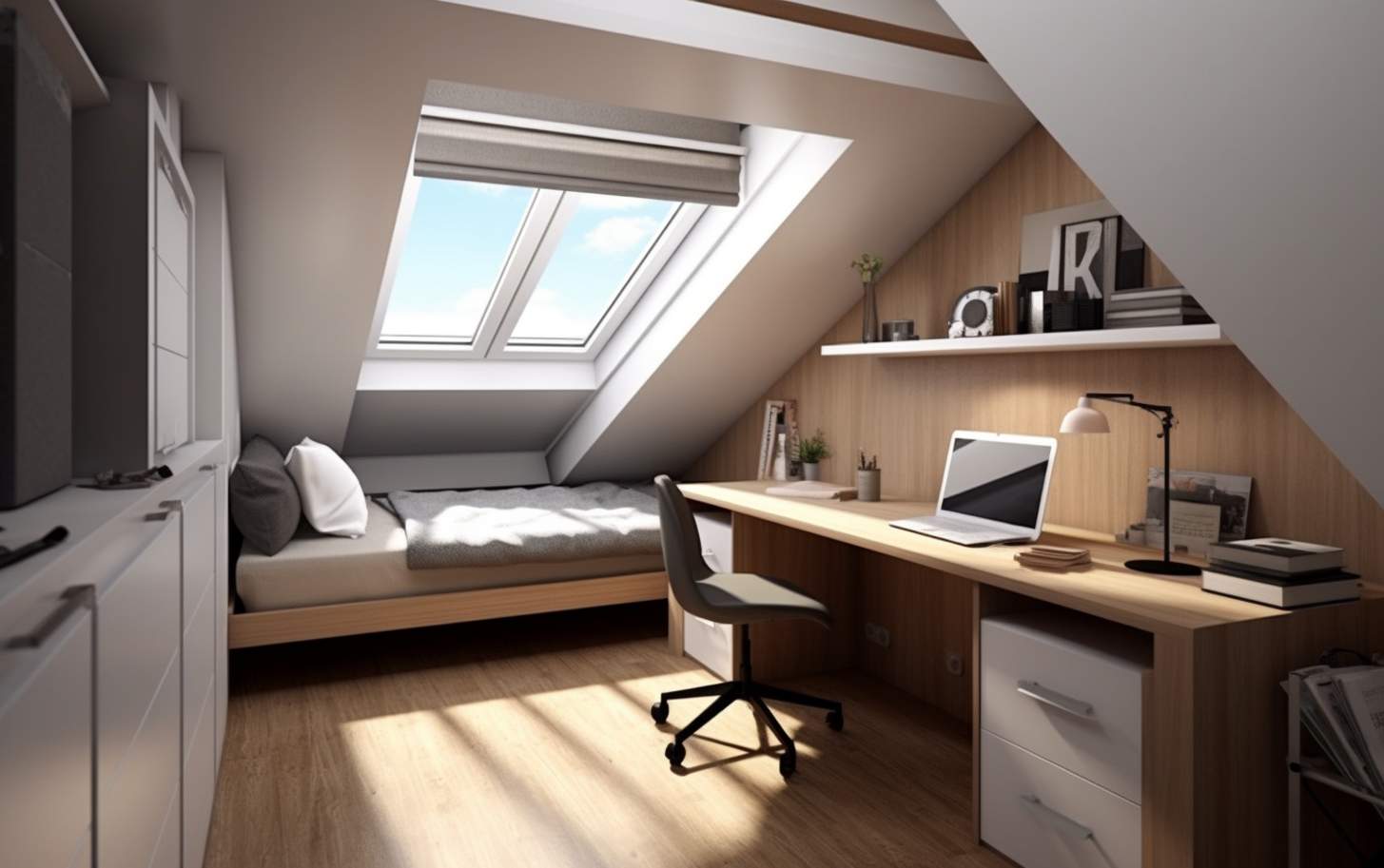 loft bedroom With floating shelfs