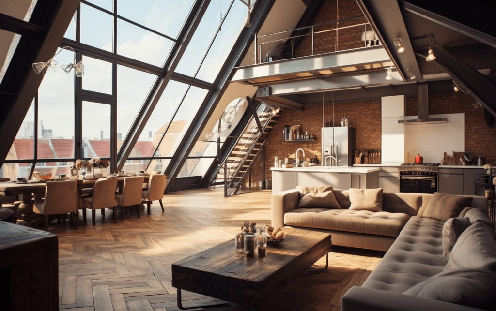 loft with floor to ceiling windows